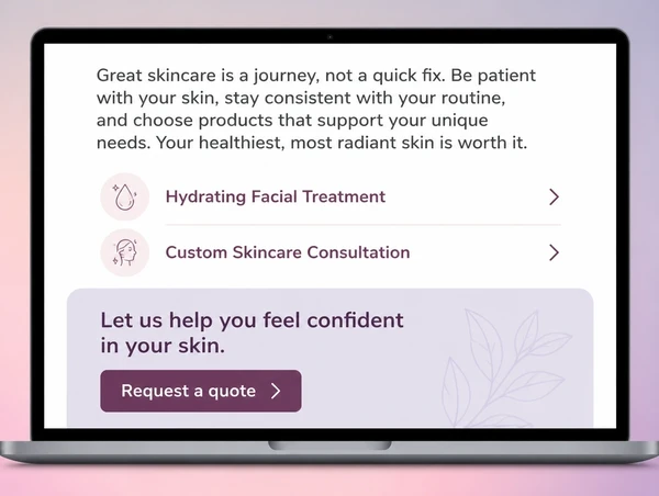 The foot of a skincare brand article showing service links and a request a quote card