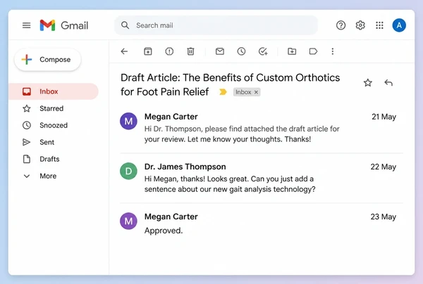 A Gmail thread where a podiatry practice owner approves a draft article before it publishes