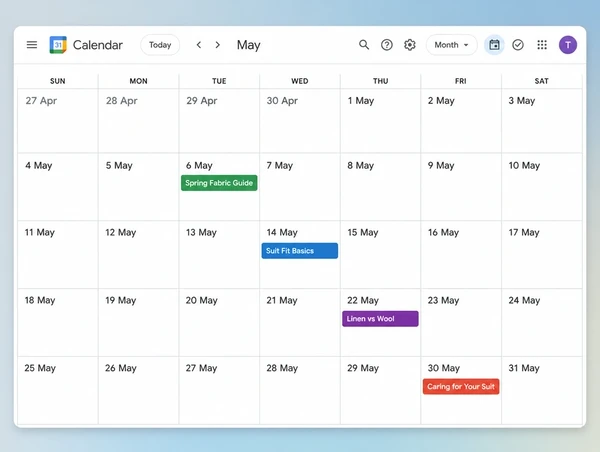 A Google Calendar month view holding four dated article topics for a bespoke tailor