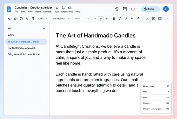 A Google Docs draft article for a candle maker with its outline pane and word count showing