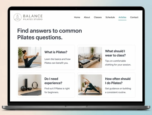 A pilates studio articles page showing four cards titled with practical customer questions