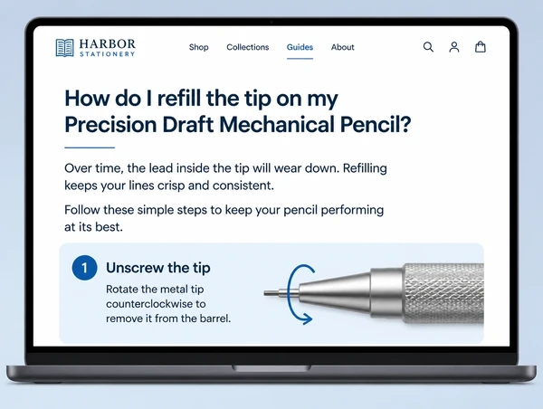 A published stationery brand guide page answering one customer question with a simple diagram
