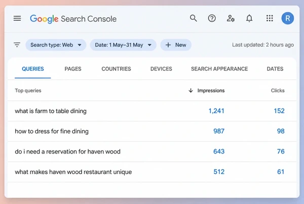 A Search Console queries report showing four customer questions for a fine dining restaurant site