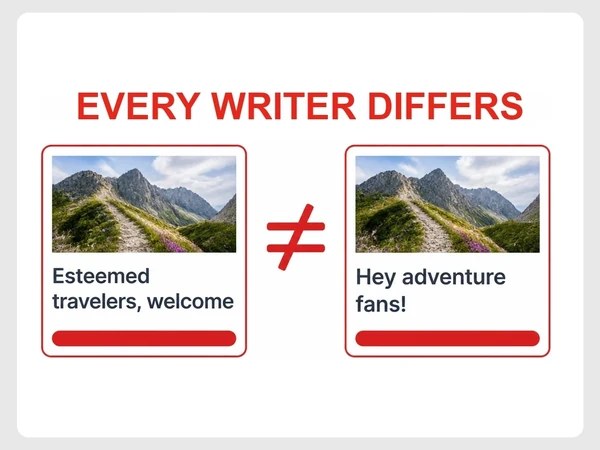 Highland Trails has formal and casual article introductions separated by a red not-equal sign.