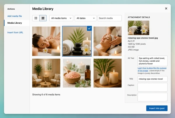 The WordPress media library showing images and alt text for a day spa article