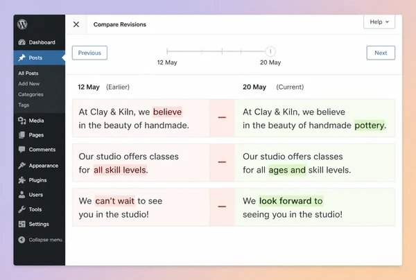 The WordPress revision screen comparing an old ceramics studio article with its updated version