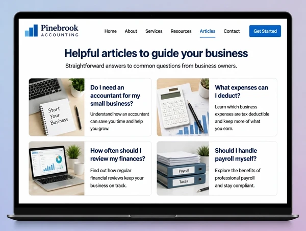 An accountancy practice articles page showing four cards titled with practical customer questions