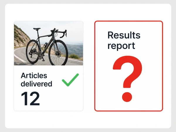 Velocity Cycles shows 12 articles delivered with a green tick while Results report displays a red question mark.