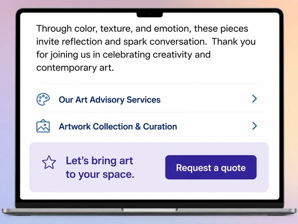 The foot of an art gallery article showing service links and a request a quote card