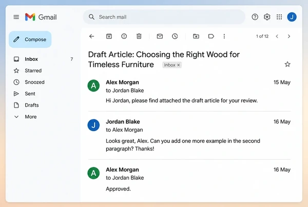 A Gmail thread where a furniture maker owner approves a draft article before it publishes