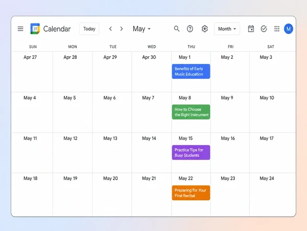 A Google Calendar month view holding four dated article topics for a music school