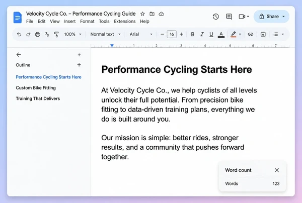 A Google Docs draft article for a performance cycling shop with its outline pane and word count showing
