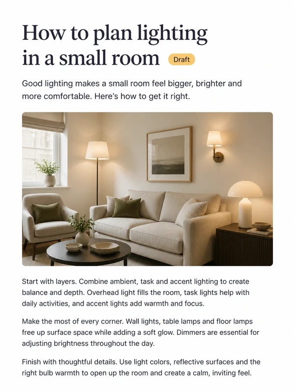 An interior design draft article on planning small room lighting with a Draft pill