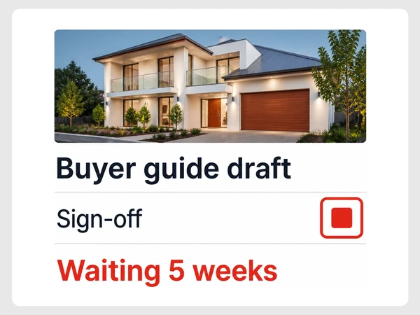 Harbourline Realty draft card shows Buyer guide draft, blocked sign-off, and Waiting 5 weeks in red.