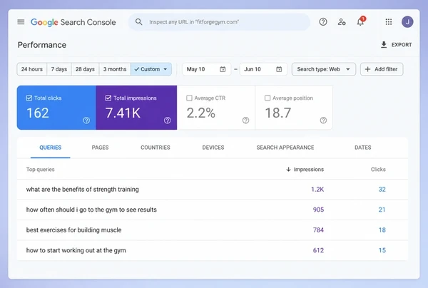 A Search Console queries report showing four customer questions for a boutique gym site