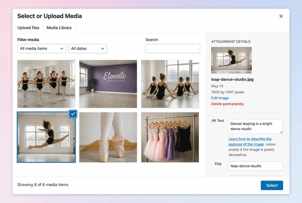 The WordPress media library showing images and alt text for a dance studio article
