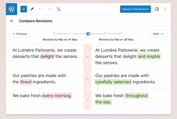 The WordPress revision screen comparing an old patisserie article with its updated version