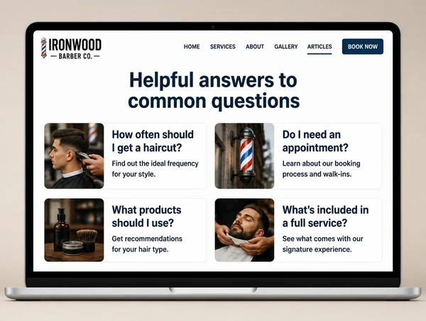 A barber shop articles page showing four cards titled with practical customer questions