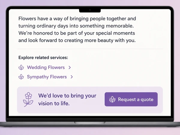 The foot of a florist article showing service links and a request a quote card