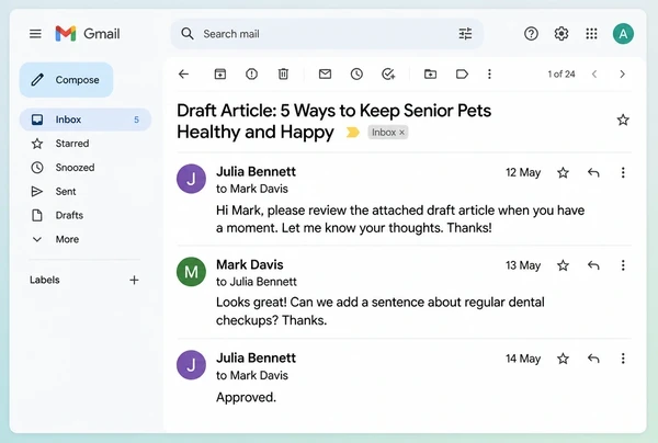 A Gmail thread where a veterinary practice owner approves a draft article before it publishes