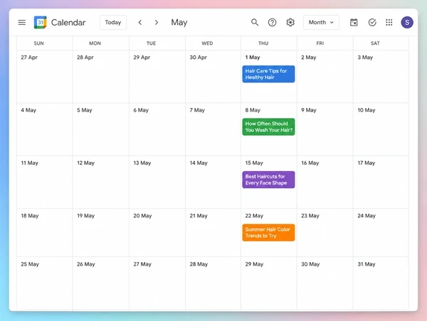 A Google Calendar month view holding four dated article topics for a hair salon