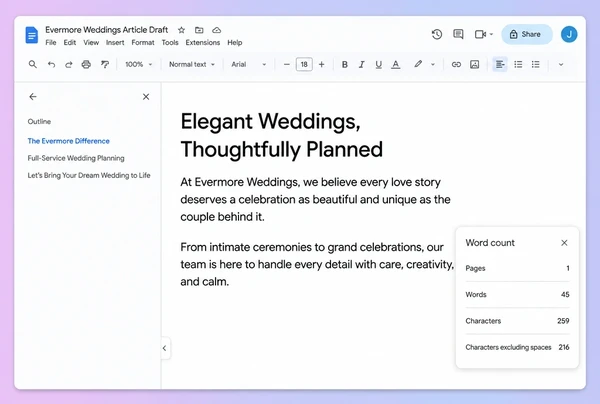 A Google Docs draft article for a wedding planner with its outline pane and word count showing