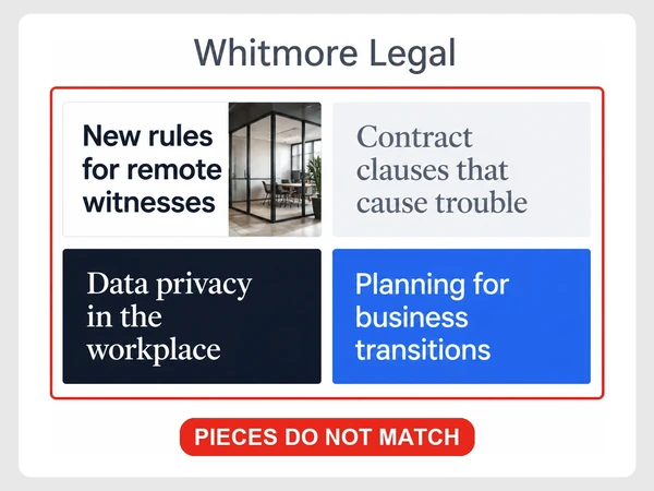 Whitmore Legal blog index shows four clashing article cards outlined red and labeled Pieces do not match.