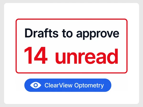 ClearView Optometry inbox shows a Drafts to approve folder with 14 unread inside a red outline.