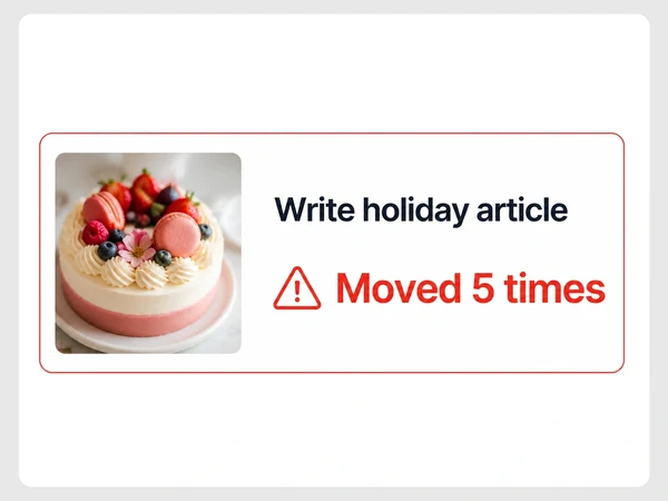 Maison Petal task card shows Write holiday article moved five times beside a red warning triangle.
