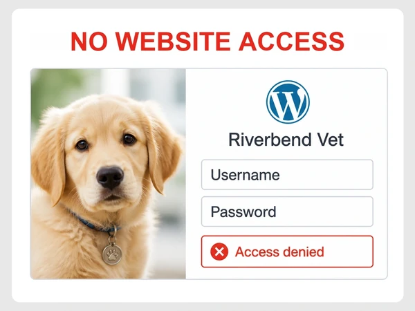 Riverbend Vet WordPress login shows Username and Password fields, Access denied, and a red X.
