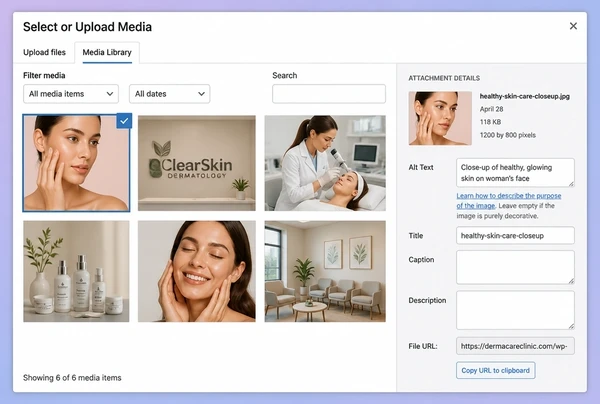 The WordPress media library showing images and alt text for a dermatology clinic article