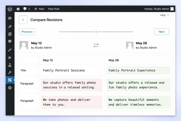 The WordPress revision screen comparing an old photography studio article with its updated version