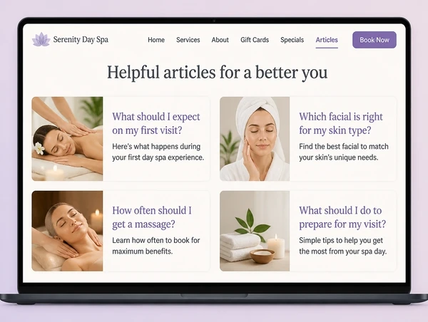A day spa articles page showing four cards titled with practical customer questions