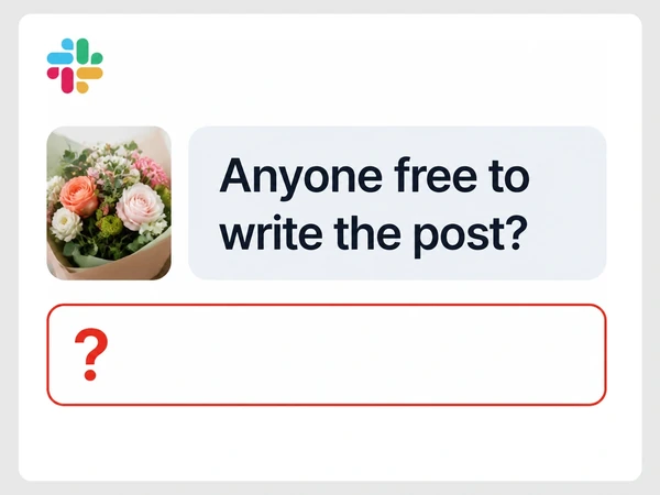 Fern & Bloom's team chat asks who can write the post and shows no reply.