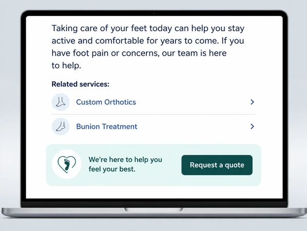The foot of a podiatry practice article showing service links and a request a quote card