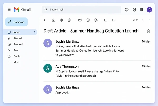 A Gmail thread where a handbag brand owner approves a draft article before it publishes