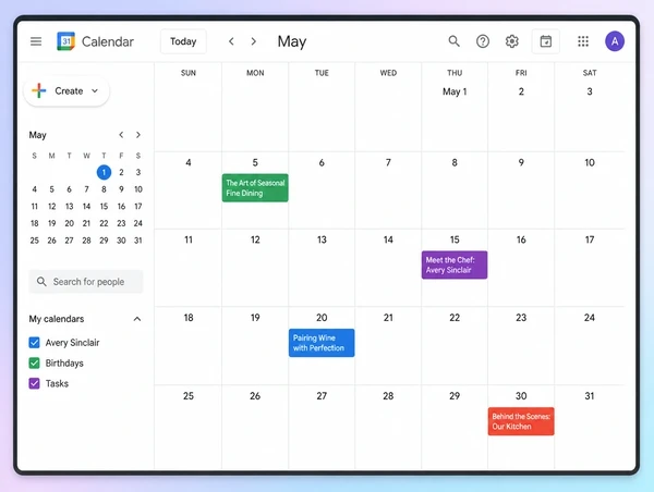 A Google Calendar month view holding four dated article topics for a fine dining restaurant