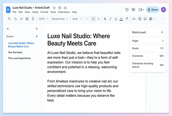 A Google Docs draft article for a nail studio with its outline pane and word count showing