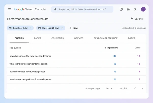 A Search Console queries report showing four customer questions for an interior design studio site