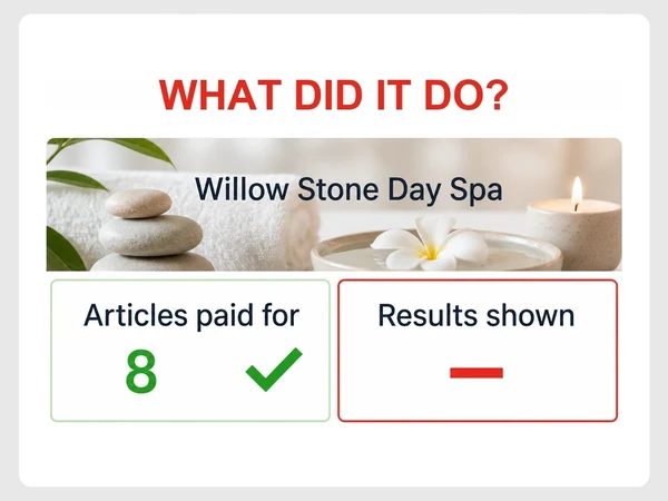 Willow Stone Day Spa shows eight paid articles but a red dash for results shown.