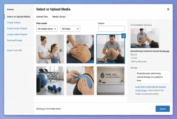 The WordPress media library showing images and alt text for a physiotherapy practice article