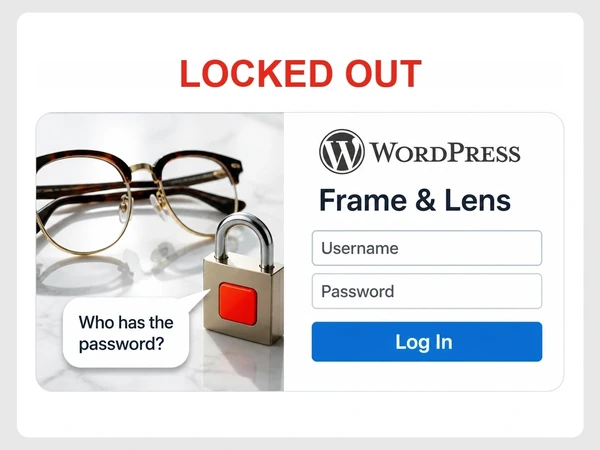 Frame & Lens shows a locked WordPress login and a chat asking who has the password.