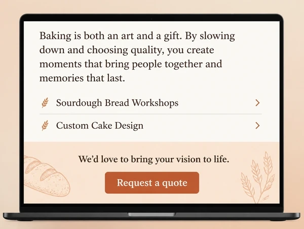 The foot of an artisan bakery article showing service links and a request a quote card