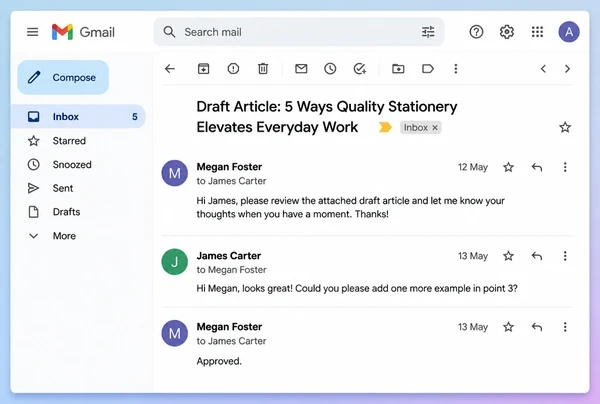 A Gmail thread where a stationery brand owner approves a draft article before it publishes