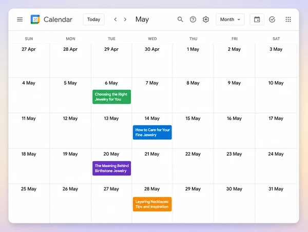 A Google Calendar month view holding four dated article topics for a jewellery boutique