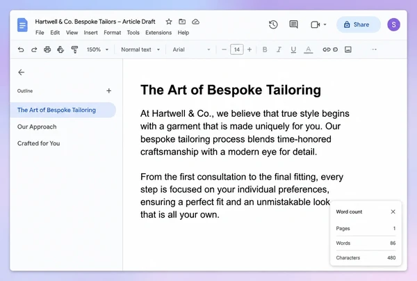 A Google Docs draft article for a bespoke tailor with its outline pane and word count showing