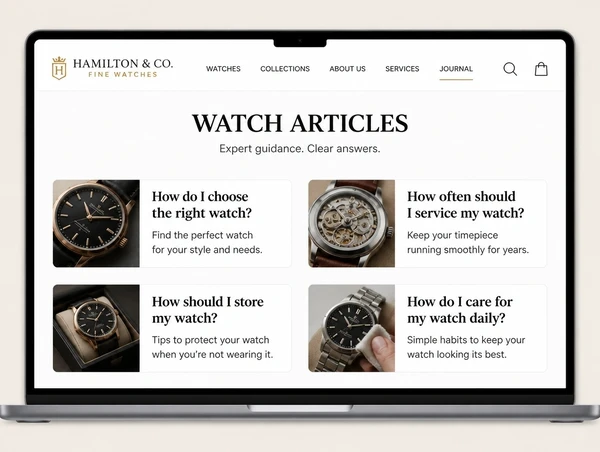 A luxury watches articles page showing four cards titled with practical customer questions