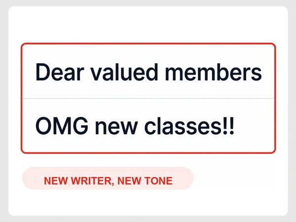 Core Haven Pilates shows clashing newsletter subjects Dear valued members and OMG new classes under New writer, new tone.