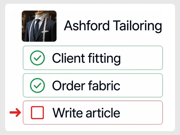 Ashford Tailoring shows two completed tasks while Write article remains unchecked in red beneath an arrow.