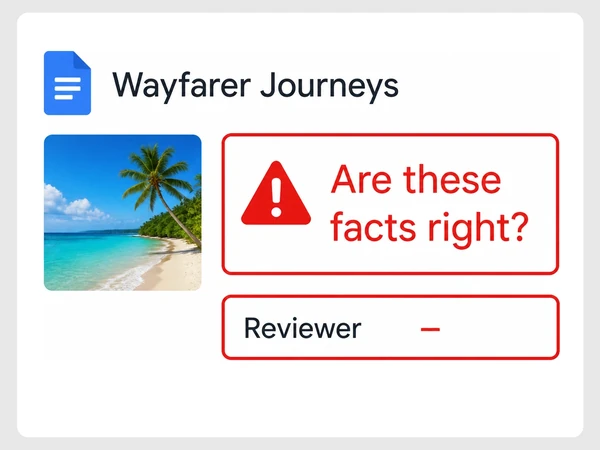 Wayfarer Journeys shows a Google Docs fact-check comment with no reviewer assigned and a red warning triangle.